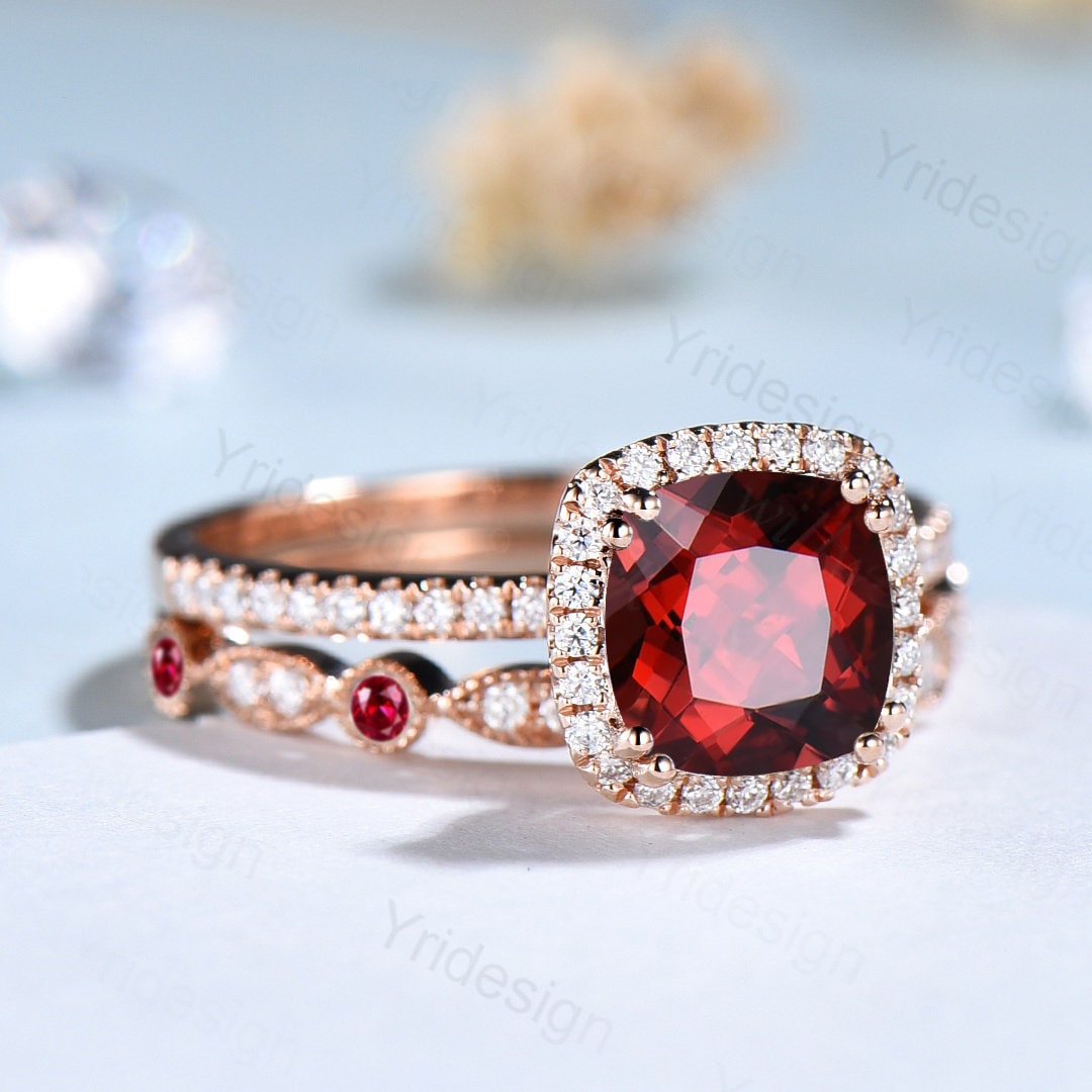 Cushion cut garnet wedding ring set 14k rose gold vintage antique garnet  engagement ring set for women Art deco halo diamond bridal set