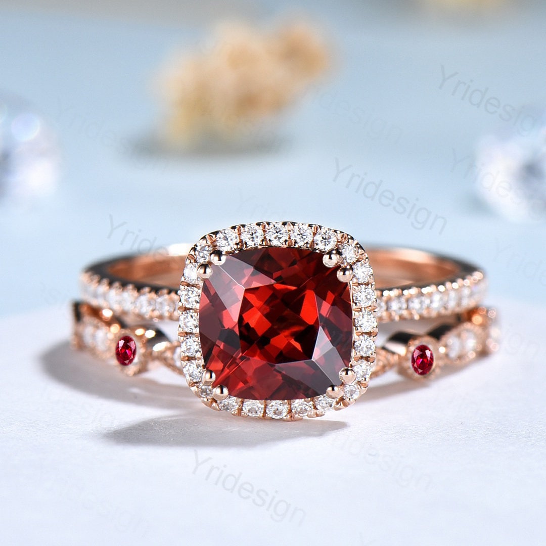 Cushion cut garnet wedding ring set 14k rose gold vintage antique garnet engagement ring set for women Art deco halo diamond bridal set - PENFINE