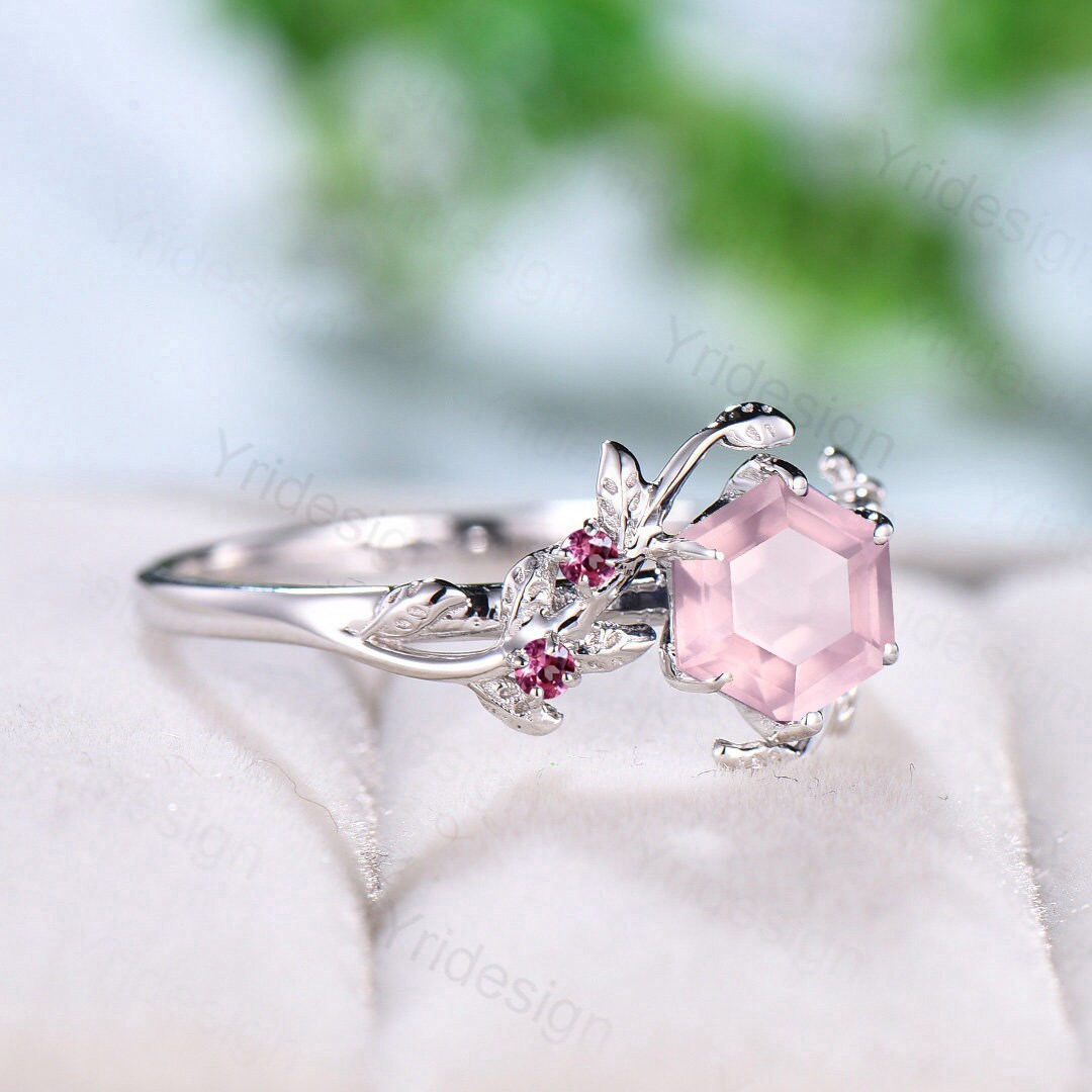 Natural Inspired Rose Quartz Ring Vintage Unique Silver Twig Engagement Ring Leaf Branch Pink Crystal Wedding Ring Women Anniversary Gift - PENFINE