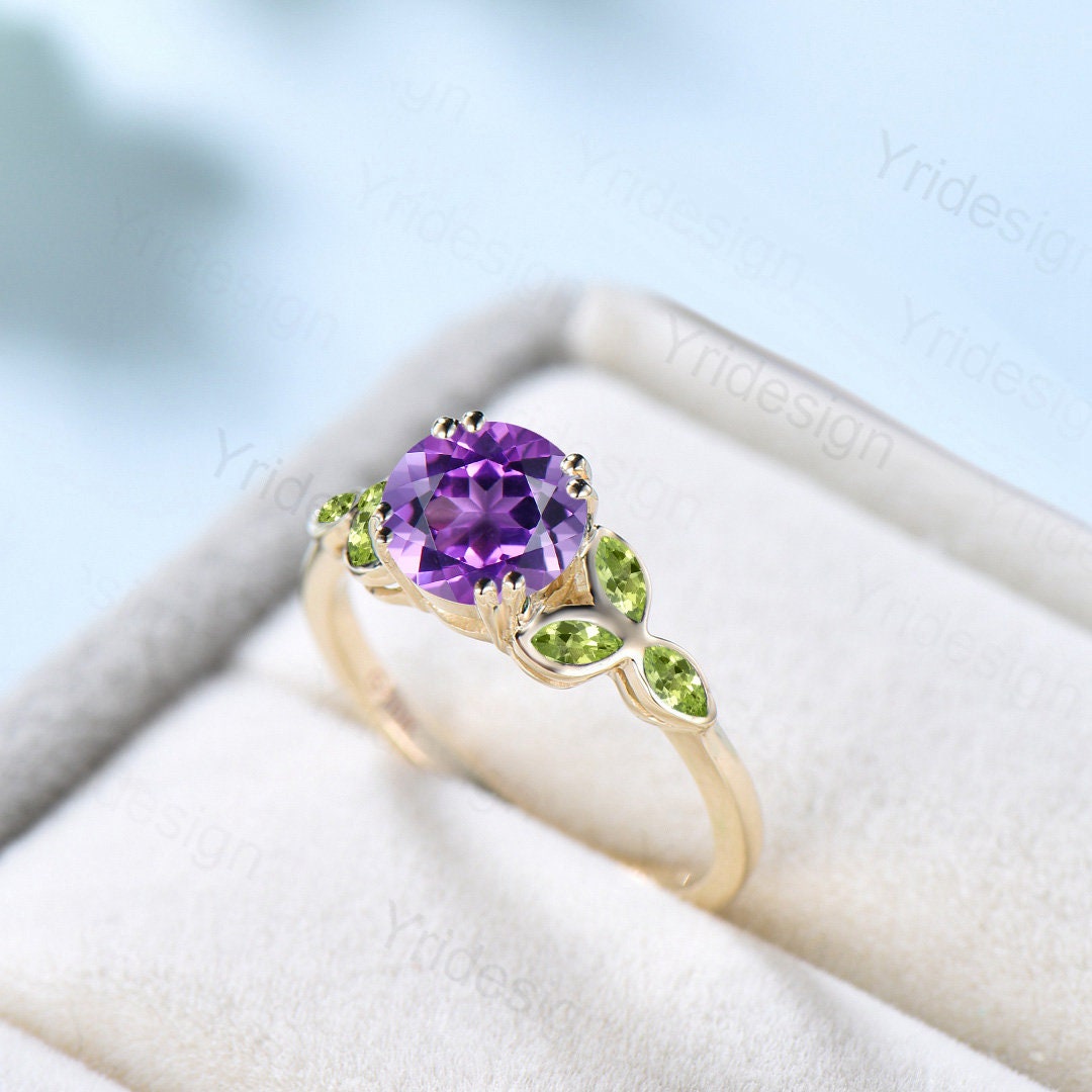 1 CT Dainty Purple amethyst engagement ring ring for women Art deco Bezel set February birthstone leaf marquise peridot wedding ring gift - PENFINE