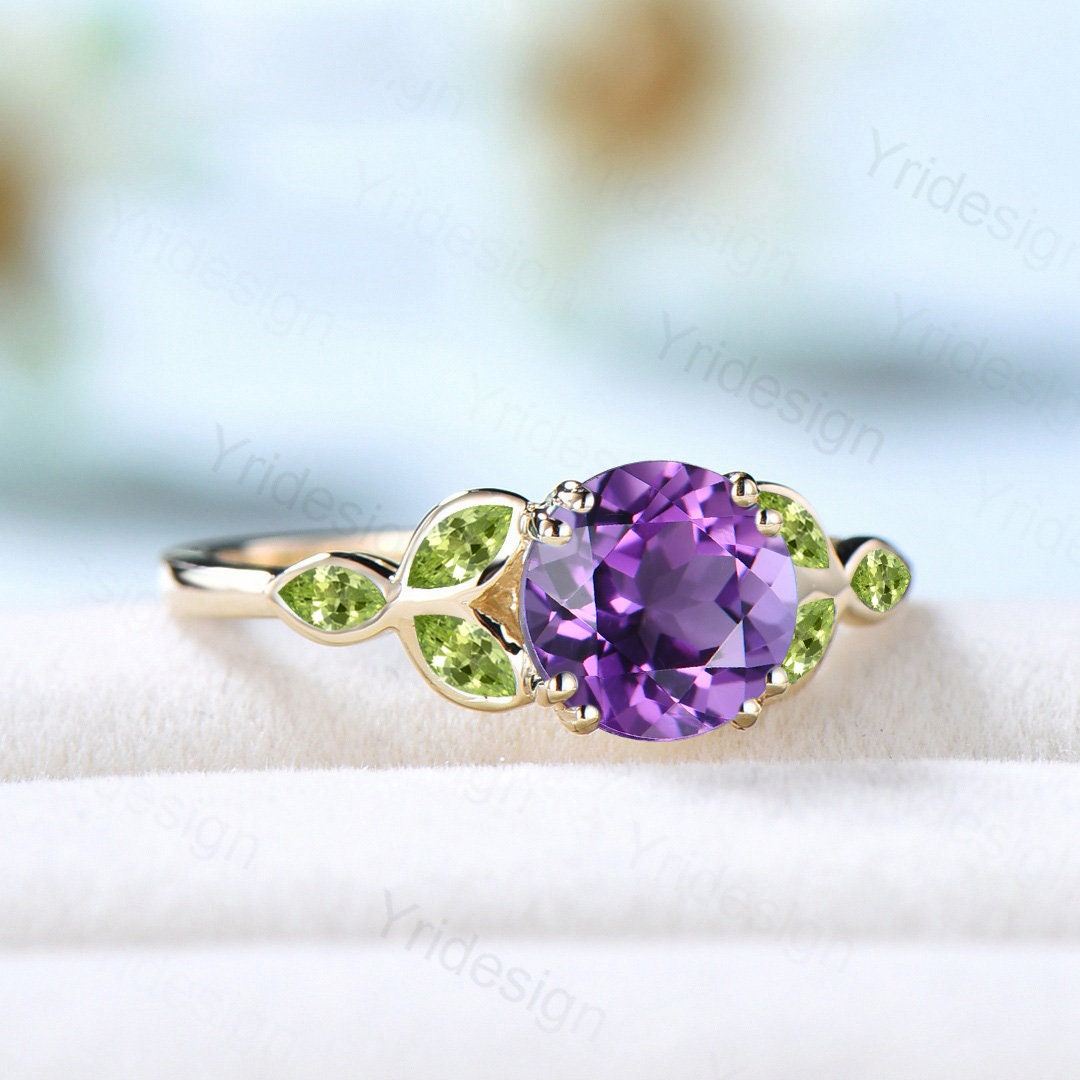 1 CT Dainty Purple amethyst engagement ring ring for women Art deco Bezel set February birthstone leaf marquise peridot wedding ring gift - PENFINE