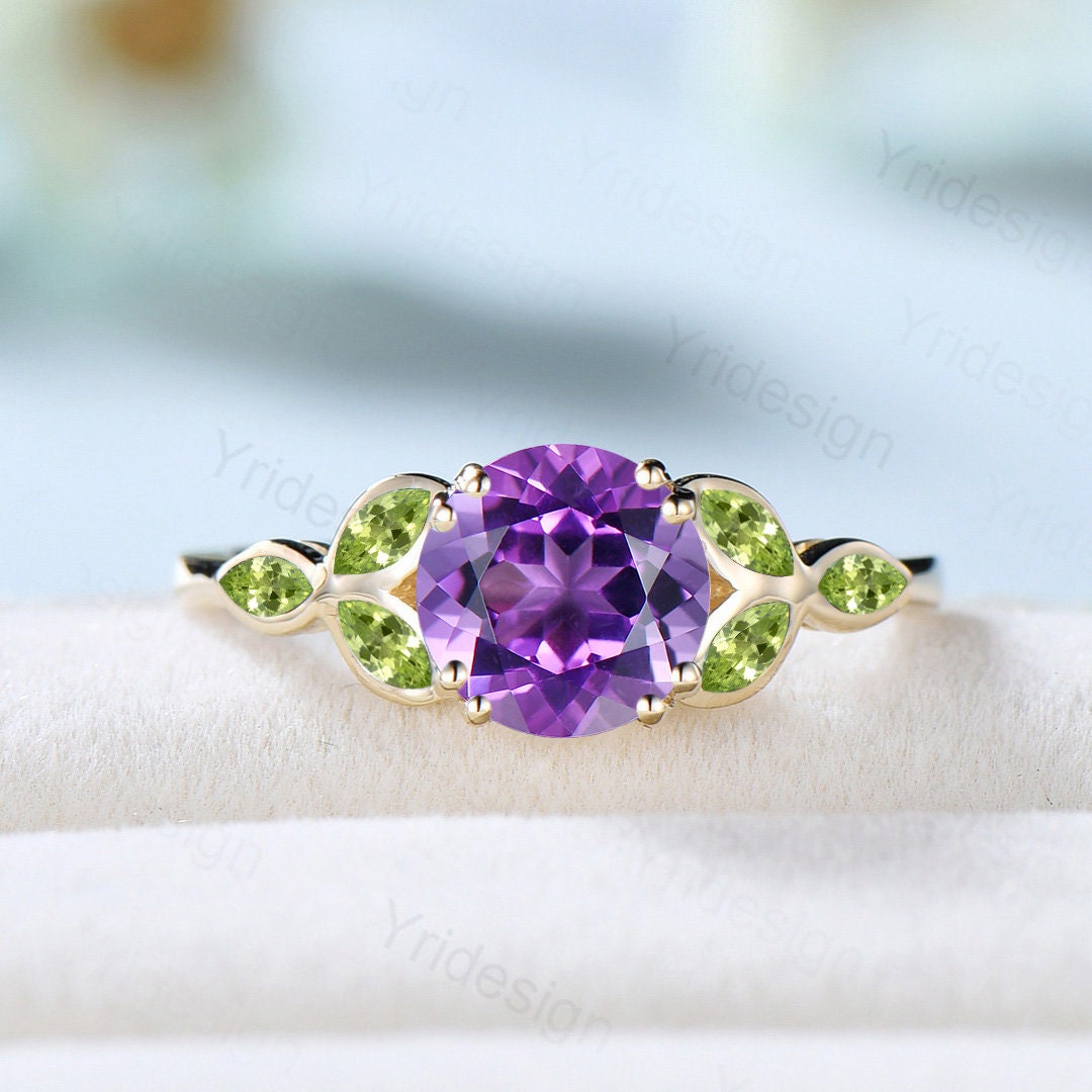 1 CT Dainty Purple amethyst engagement ring ring for women Art deco Bezel set February birthstone leaf marquise peridot wedding ring gift - PENFINE