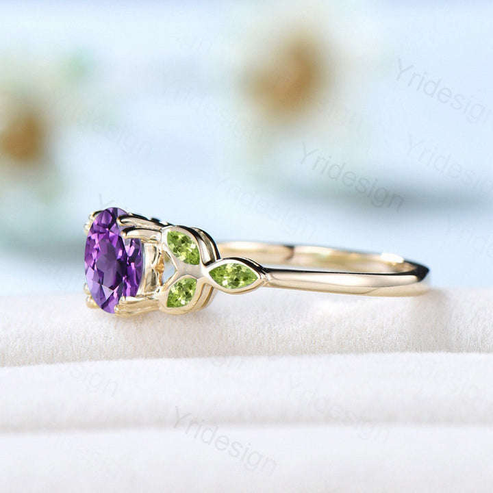 1 CT Dainty Purple amethyst engagement ring ring for women Art deco Bezel set February birthstone leaf marquise peridot wedding ring gift - PENFINE