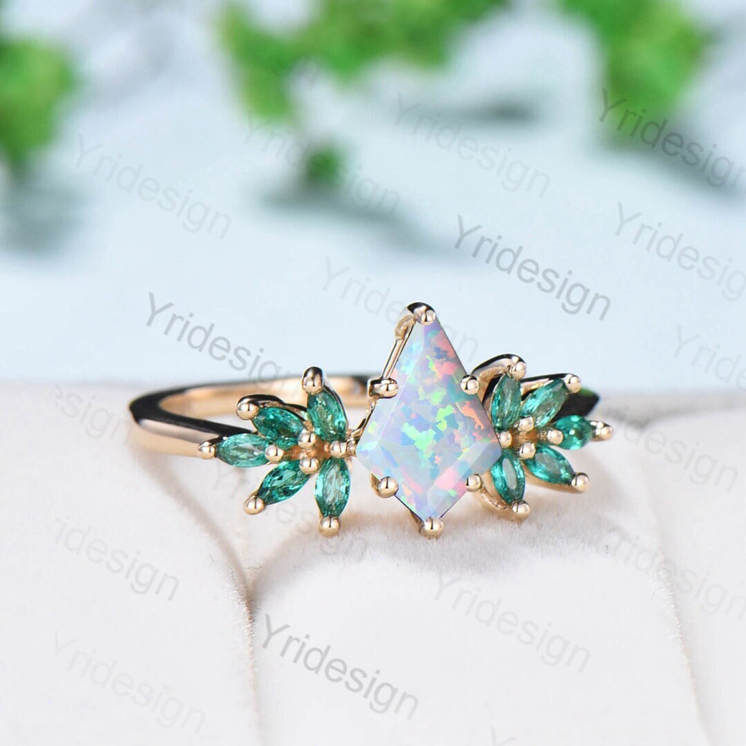 Vintage fire opal engagement ring kite cut Unique cluster emerald wedding ring for women Gold art deco birthday anniversary promise ring - PENFINE