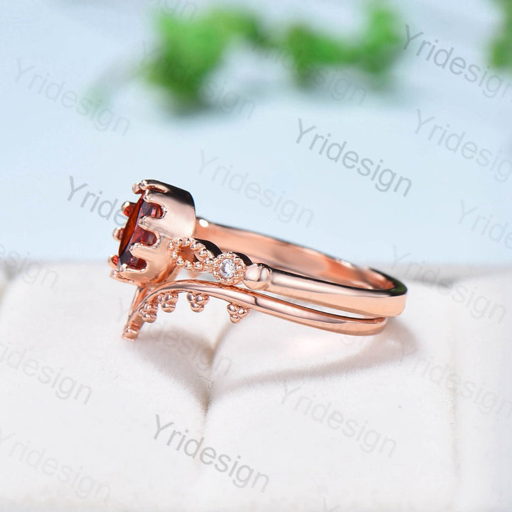 Art deco Natural Red Garnet Engagement Ring Set Vintage Unique 2Pcs Garnet Wedding Bridal Ring Set January Birthstone Ring Gift For her - PENFINE