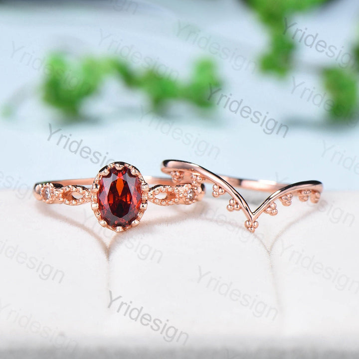 Art deco Natural Red Garnet Engagement Ring Set Vintage Unique 2Pcs Garnet Wedding Bridal Ring Set January Birthstone Ring Gift For her - PENFINE
