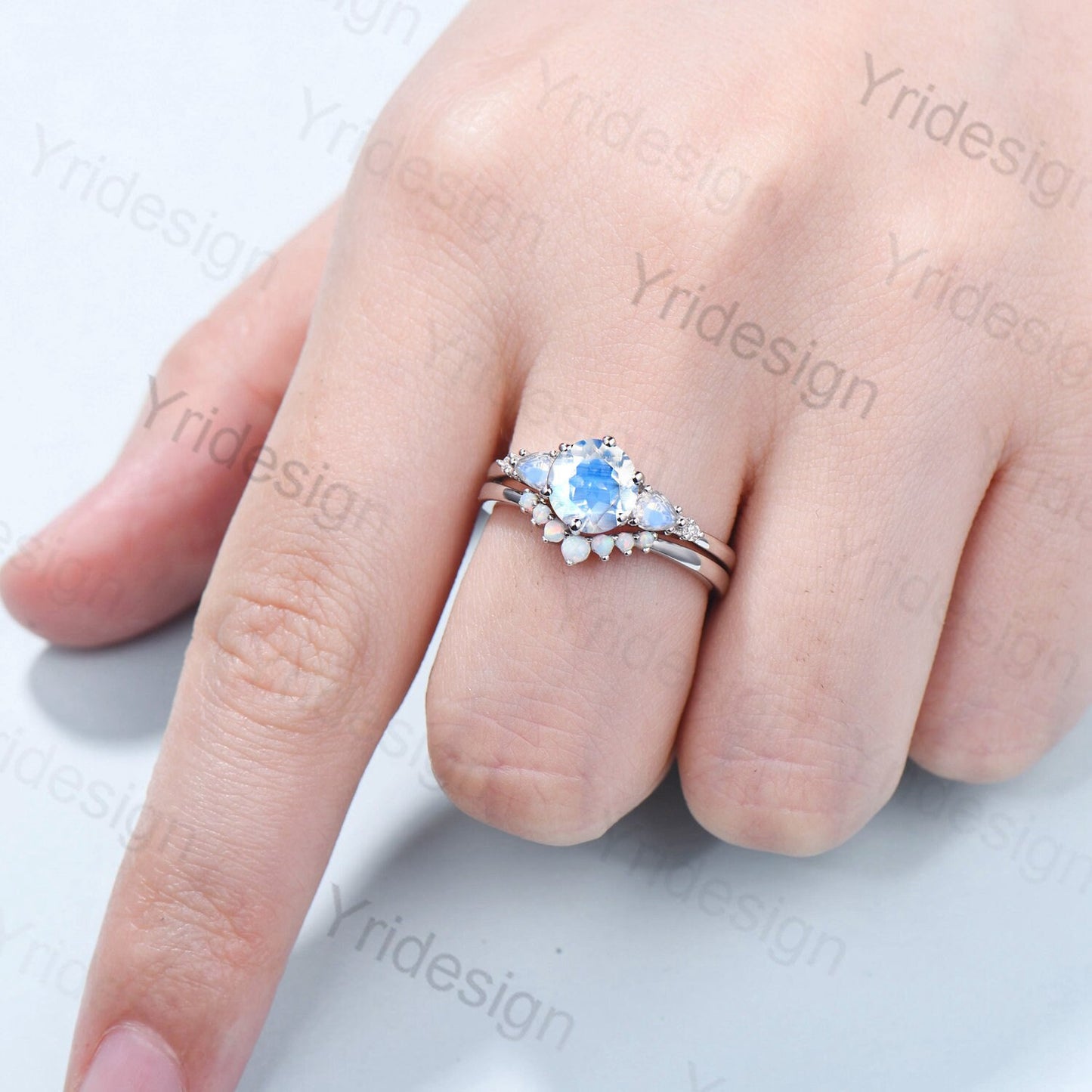 Vintage Moonstone Engagement Ring Set Rose Gold Five Stone Pear Moonstone Wedding Ring Set Women Crown Opal Stacking Band Anniversary Gift - PENFINE