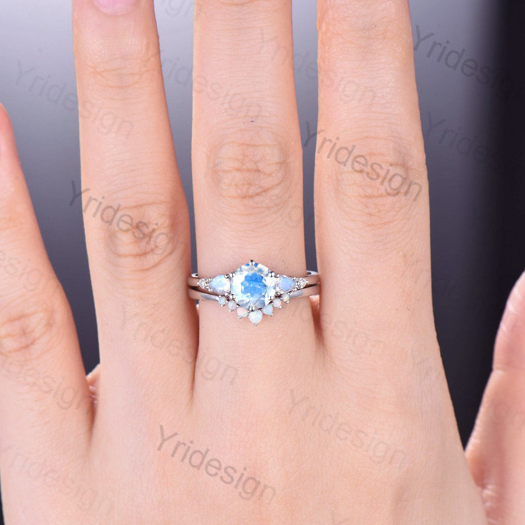 Vintage Moonstone Engagement Ring Set Rose Gold Five Stone Pear Moonstone Wedding Ring Set Women Crown Opal Stacking Band Anniversary Gift - PENFINE