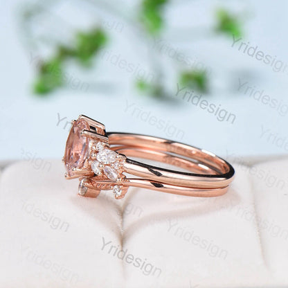 Oval Morganite Wedding Ring Set Rose Gold Morganite Diamond Engagement Ring Set Vintage Leaf Stacking Ring Natural Inspired Promise Ring - PENFINE