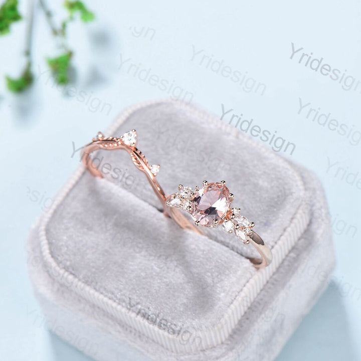Oval Morganite Wedding Ring Set Rose Gold Morganite Diamond Engagement Ring Set Vintage Leaf Stacking Ring Natural Inspired Promise Ring - PENFINE