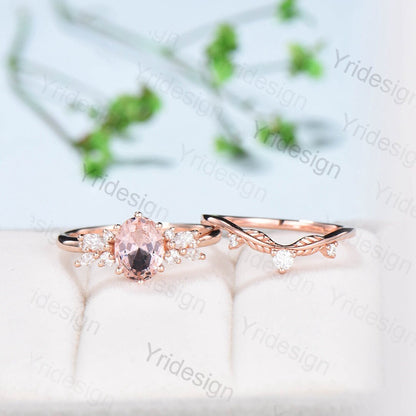 Oval Morganite Wedding Ring Set Rose Gold Morganite Diamond Engagement Ring Set Vintage Leaf Stacking Ring Natural Inspired Promise Ring - PENFINE