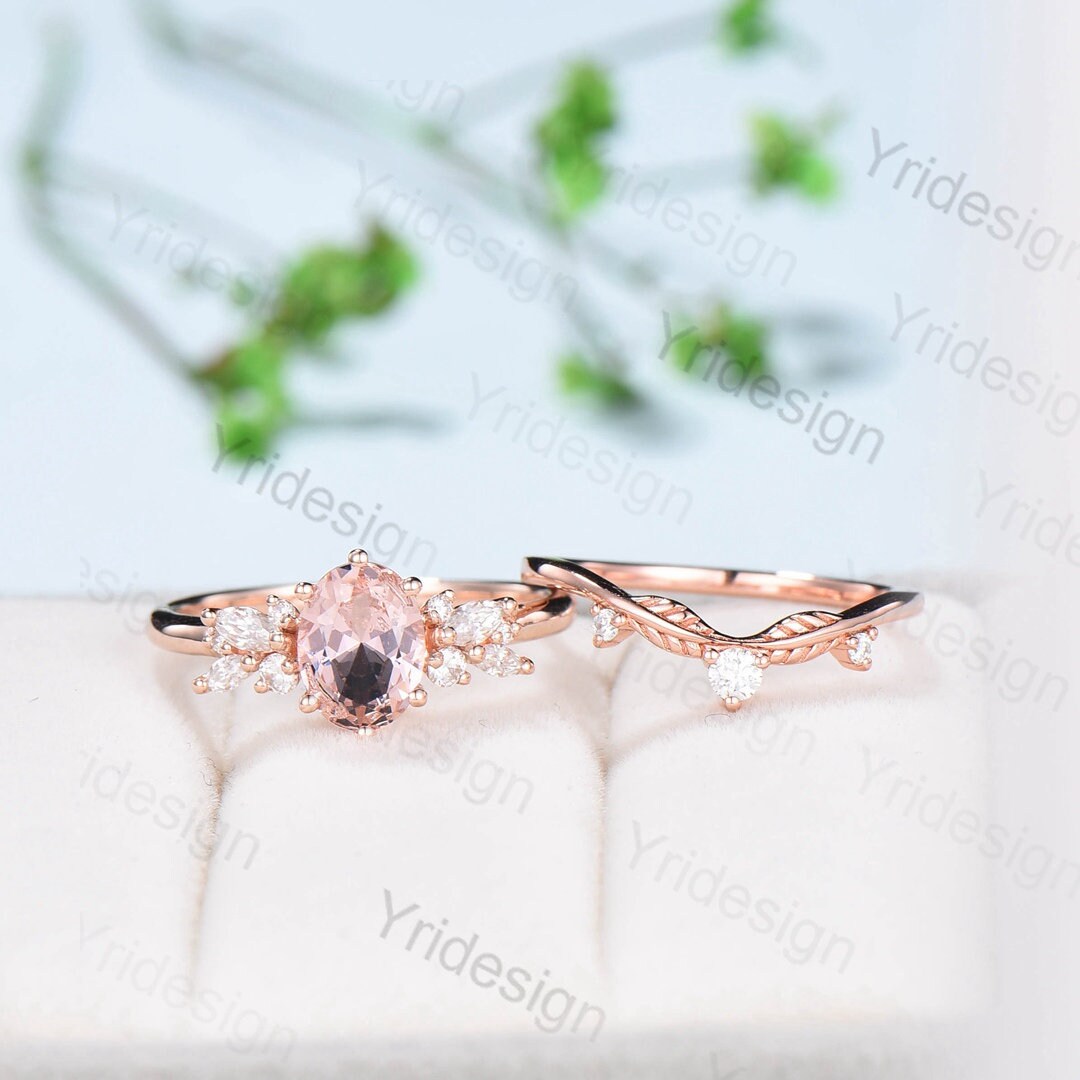 Oval Morganite Wedding Ring Set Rose Gold Morganite Diamond Engagement Ring Set Vintage Leaf Stacking Ring Natural Inspired Promise Ring - PENFINE