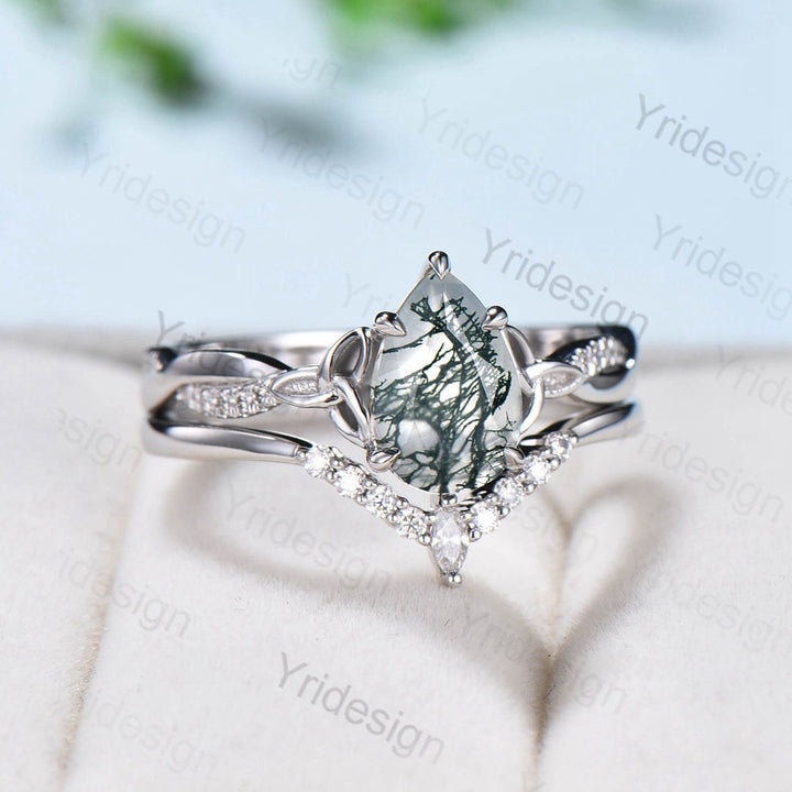 Norse Viking 6x9mm pear shaped moss agate engagement ring set 3/4 eternity twisted infinity moissanite & diamond band wedding set for women - PENFINE