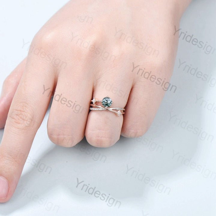 14K solid two tone gold moss agate ring 5mm dainty aquatic agate engagement ring Twisted wedding ring women Unique crystal bridal ring gift - PENFINE