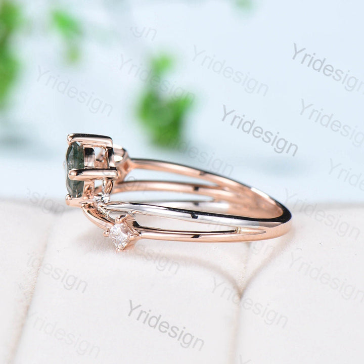 14K solid two tone gold moss agate ring 5mm dainty aquatic agate engagement ring Twisted wedding ring women Unique crystal bridal ring gift - PENFINE