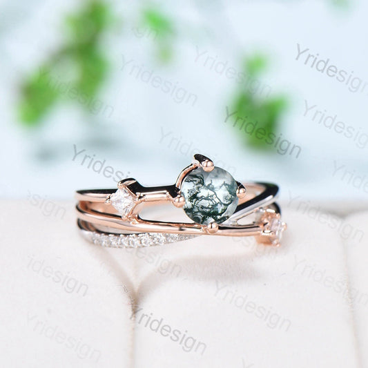14K solid two tone gold moss agate ring 5mm dainty aquatic agate engagement ring Twisted wedding ring women Unique crystal bridal ring gift - PENFINE