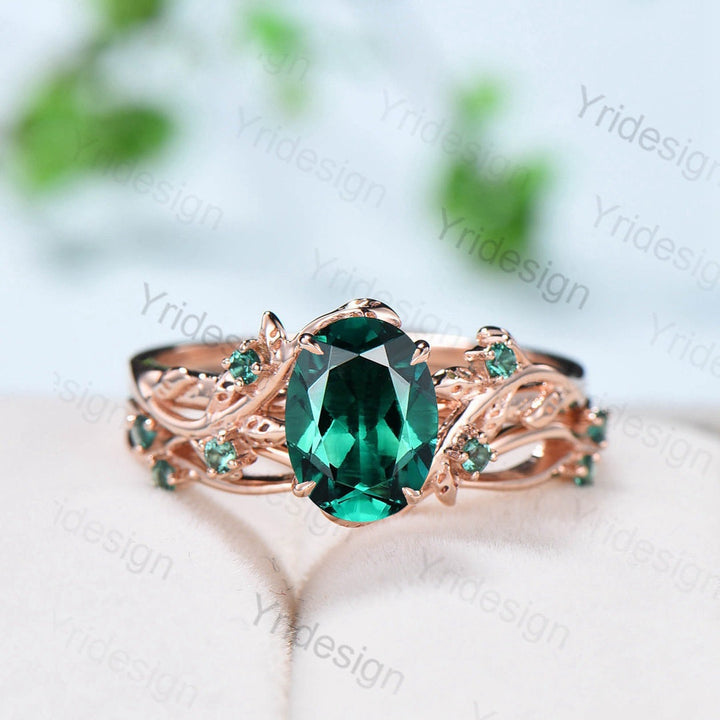 Natural Inspired Leaf emerald ring set unique twig engagement ring Art deco rose gold emerald wedding ring set for women Branch ring gift - PENFINE