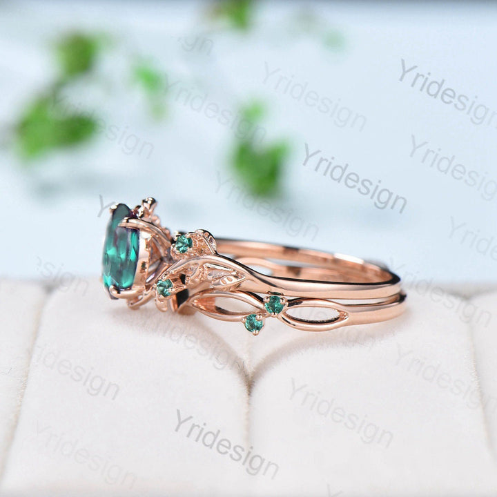 Natural Inspired Leaf emerald ring set unique twig engagement ring Art deco rose gold emerald wedding ring set for women Branch ring gift - PENFINE