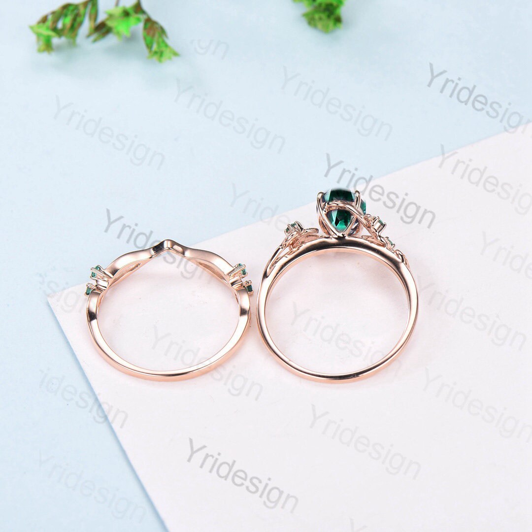 Natural Inspired Leaf emerald ring set unique twig engagement ring Art deco rose gold emerald wedding ring set for women Branch ring gift - PENFINE