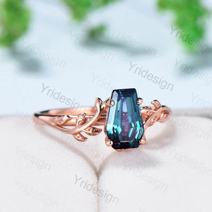 Leaf branch Alexandrite Ring Vintage Unique Coffin shaped Alexandrite engagement ring Solitaire Gold Natural inspired wedding ring for women - PENFINE