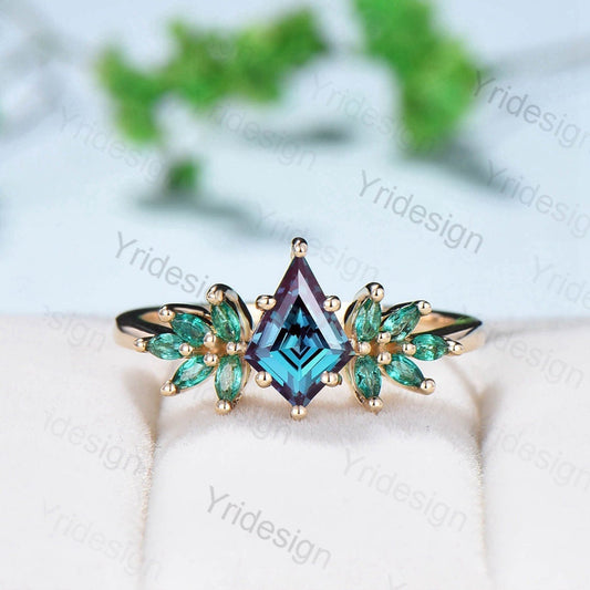 Vintage alexandrite engagement ring kite cut Unique cluster emerald wedding ring for women Healing green gemstone anniversary promise ring - PENFINE