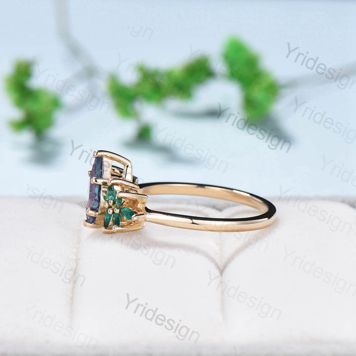 Vintage alexandrite engagement ring kite cut Unique cluster emerald wedding ring for women Healing green gemstone anniversary promise ring - PENFINE