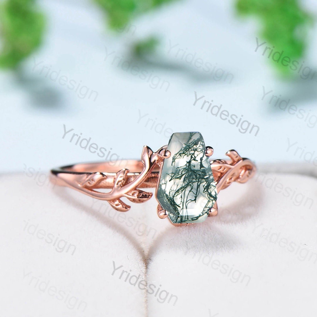 Coffin Shaped Natural Moss Agate Ring Vintage Unique Twig engagement ring Solitaire Natural inspired Leaf Branch gold wedding ring women - PENFINE