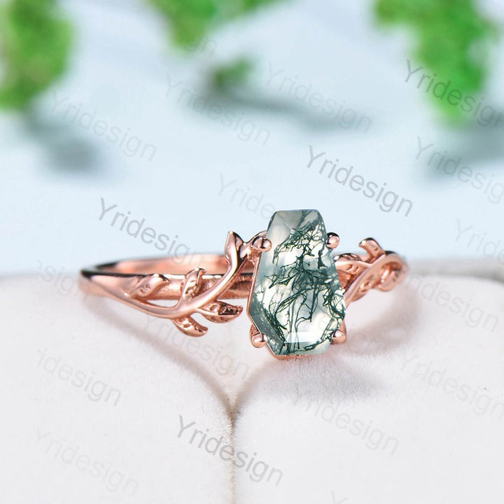 Coffin Shaped Natural Moss Agate Ring Vintage Unique Twig engagement ring Solitaire Natural inspired Leaf Branch gold wedding ring women - PENFINE