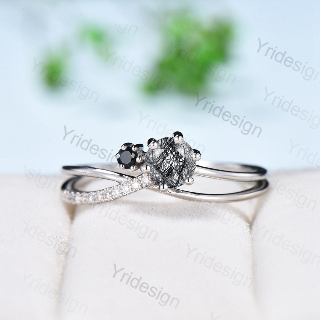 Vintage unique black rutilated quartz engagement ring Twisted black crystal gold wedding ring women spinel bridal ring anniversary gift - PENFINE