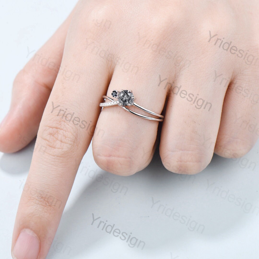 Vintage unique black rutilated quartz engagement ring Twisted black crystal gold wedding ring women spinel bridal ring anniversary gift - PENFINE