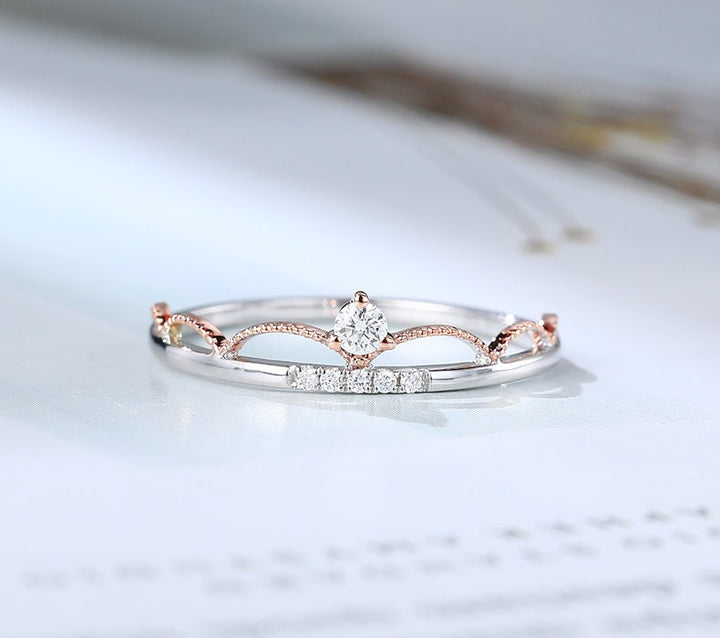 Crown wedding ring for women Art deco Diamond wedding band Vintage unique two tone gold stacking band moissanite anniversary promise ring - PENFINE