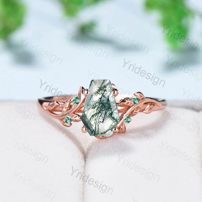 Vintage Coffin Cut Moss Agate Ring Twig Engagement Ring Cluster Emerald Leaf Wedding Ring Women Natural Inspired Green Gemstone Promise Ring - PENFINE