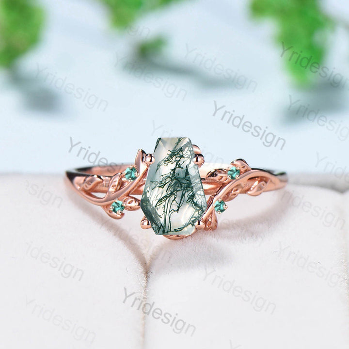 Vintage Coffin Cut Moss Agate Ring Twig Engagement Ring Cluster Emerald Leaf Wedding Ring Women Natural Inspired Green Gemstone Promise Ring - PENFINE