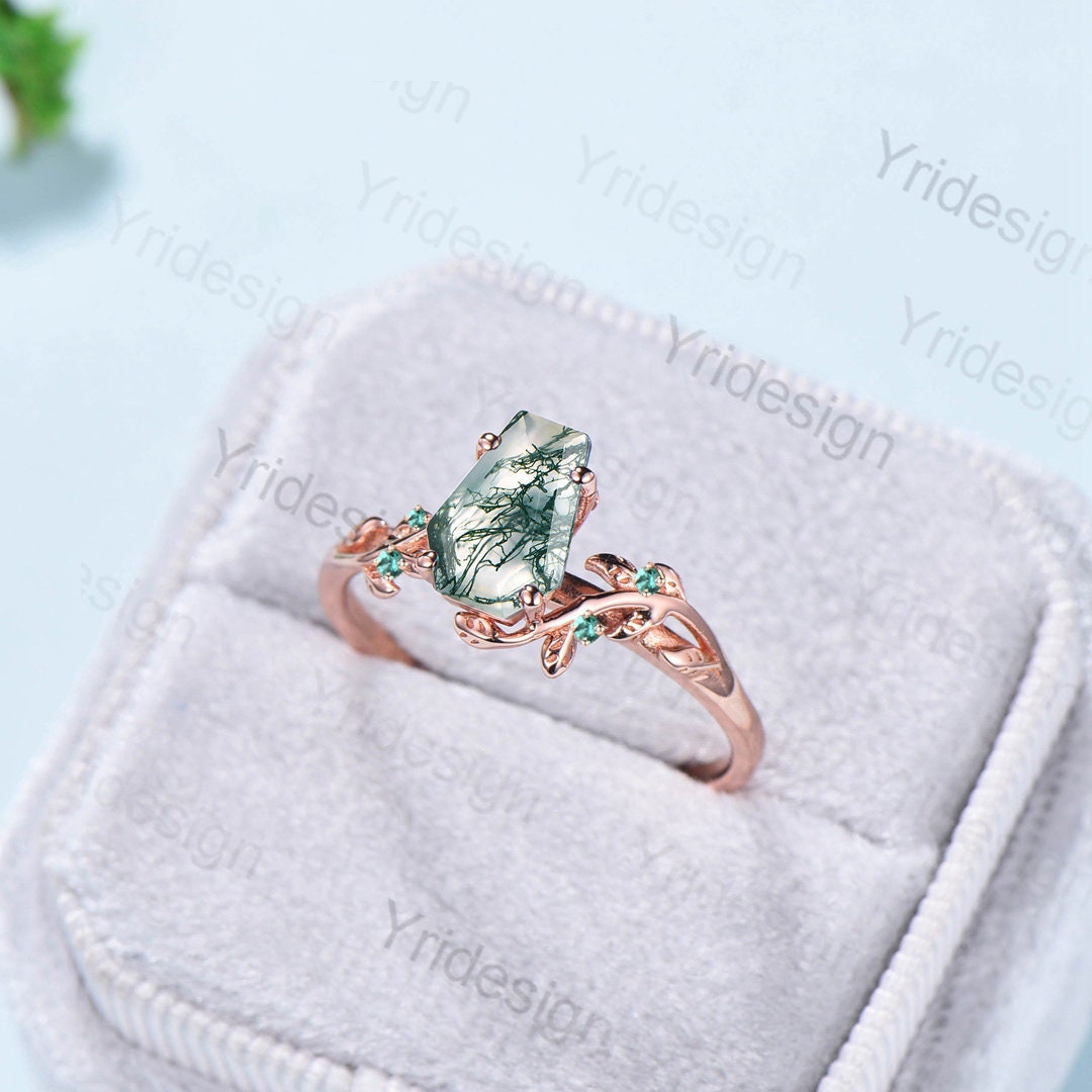 Vintage Coffin Cut Moss Agate Ring Twig Engagement Ring Cluster Emerald Leaf Wedding Ring Women Natural Inspired Green Gemstone Promise Ring - PENFINE