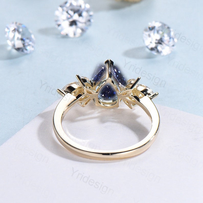 Pear Shape Blue Sandstone Ring Vintage Galaxy Starry Sky Engagement Ring Cluster Marquise Blue Sapphire Wedding Ring Proposal Gift For Women - PENFINE