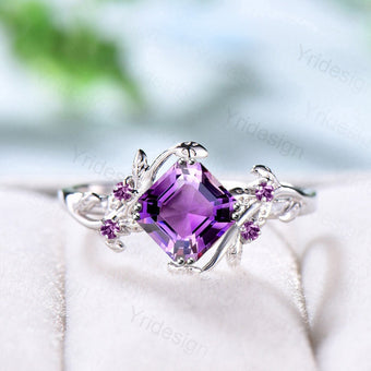 Elegant Asscher Cut Amethyst Ring Vintage Unique Twig Engagement Ring White Gold Leaf Branch Silver Wedding Ring Proposal Gift For Women - PENFINE