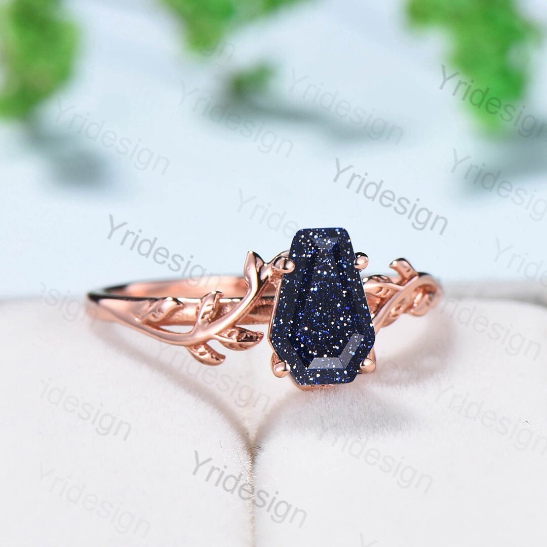 Coffin Shaped Blue Sandstone Ring Vintage Unique Galaxy engagement ring Solitaire Gold Natural inspired star sandstone wedding ring women - PENFINE