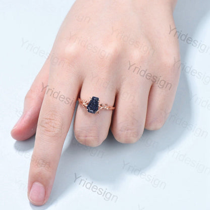 Coffin Shaped Blue Sandstone Ring Vintage Unique Galaxy engagement ring Solitaire Gold Natural inspired star sandstone wedding ring women - PENFINE