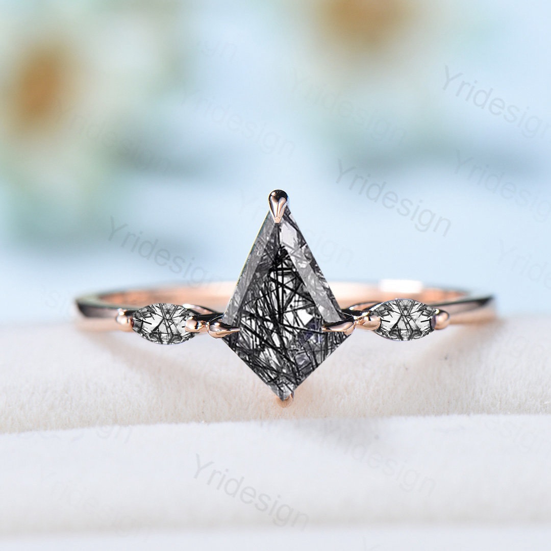 Kite cut black rutilated quartz ring minimalist marquise cut black tourmaline 3 stone engagement ring Dainty wedding ring anniversary gift - PENFINE
