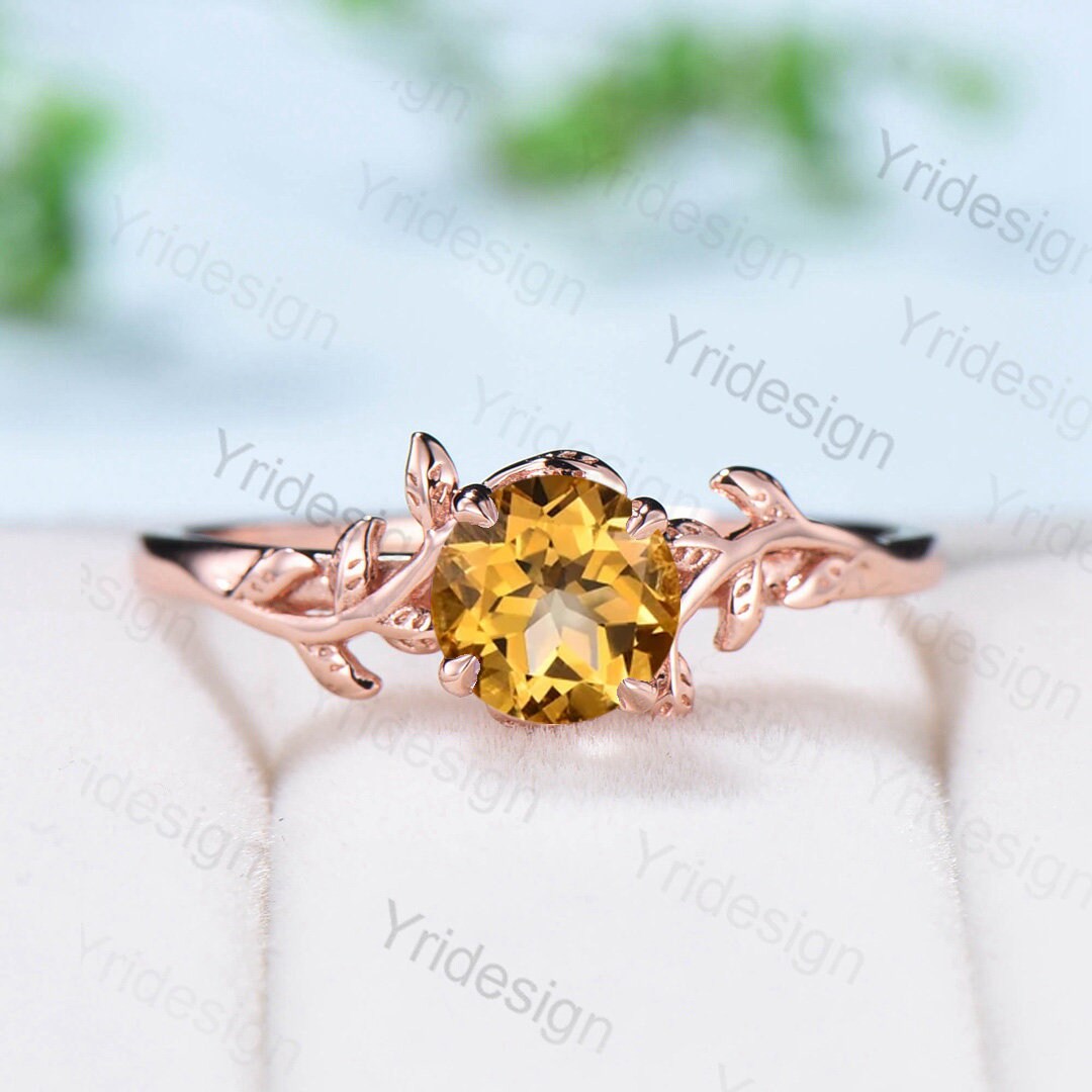 Elegant Natural inspired Citrine Ring Vintage Unique Twig Citrine Engagement Ring Rose Gold Leaf Branch Wedding Ring Proposal Gift For Women - PENFINE