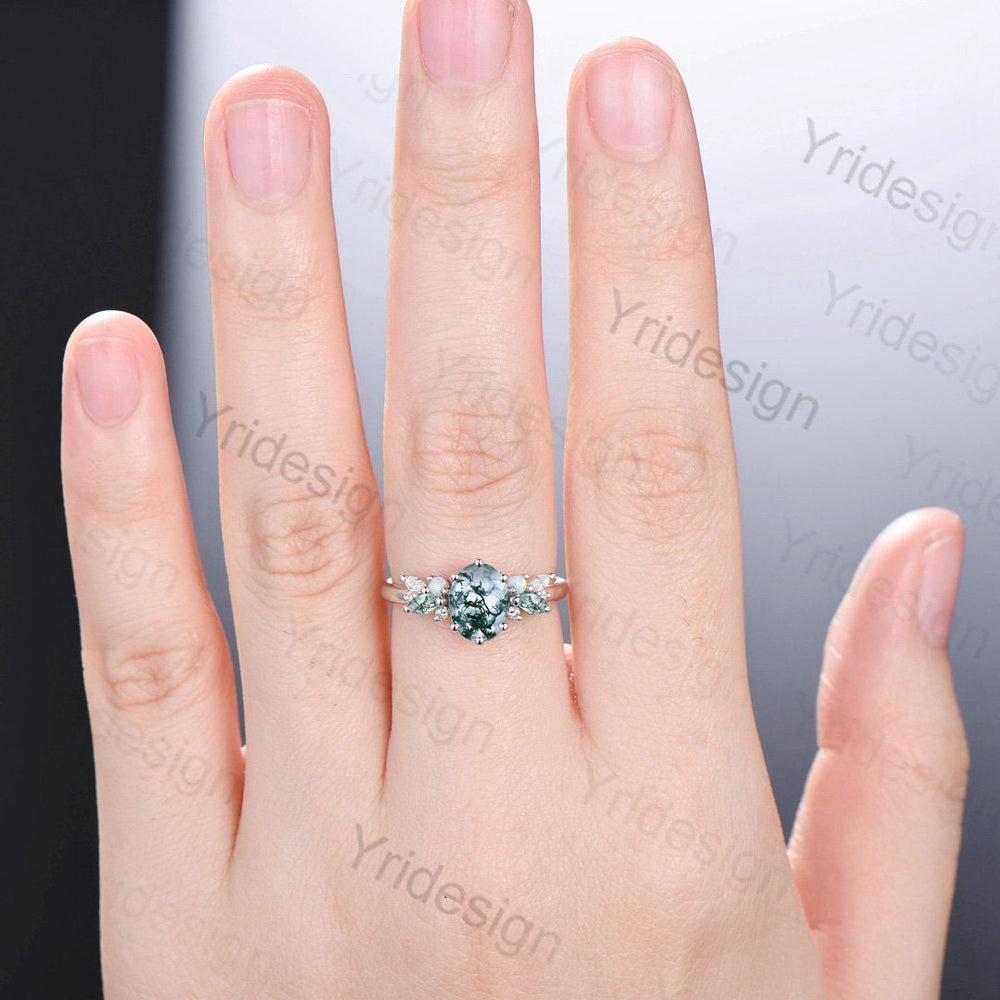 Unique 1.5CT Oval Moss Agate Engagement Ring Marquise Agate Opal Wedding Ring Women  Vintage Nature Inspired Cluster Moissanite Promise Ring - PENFINE