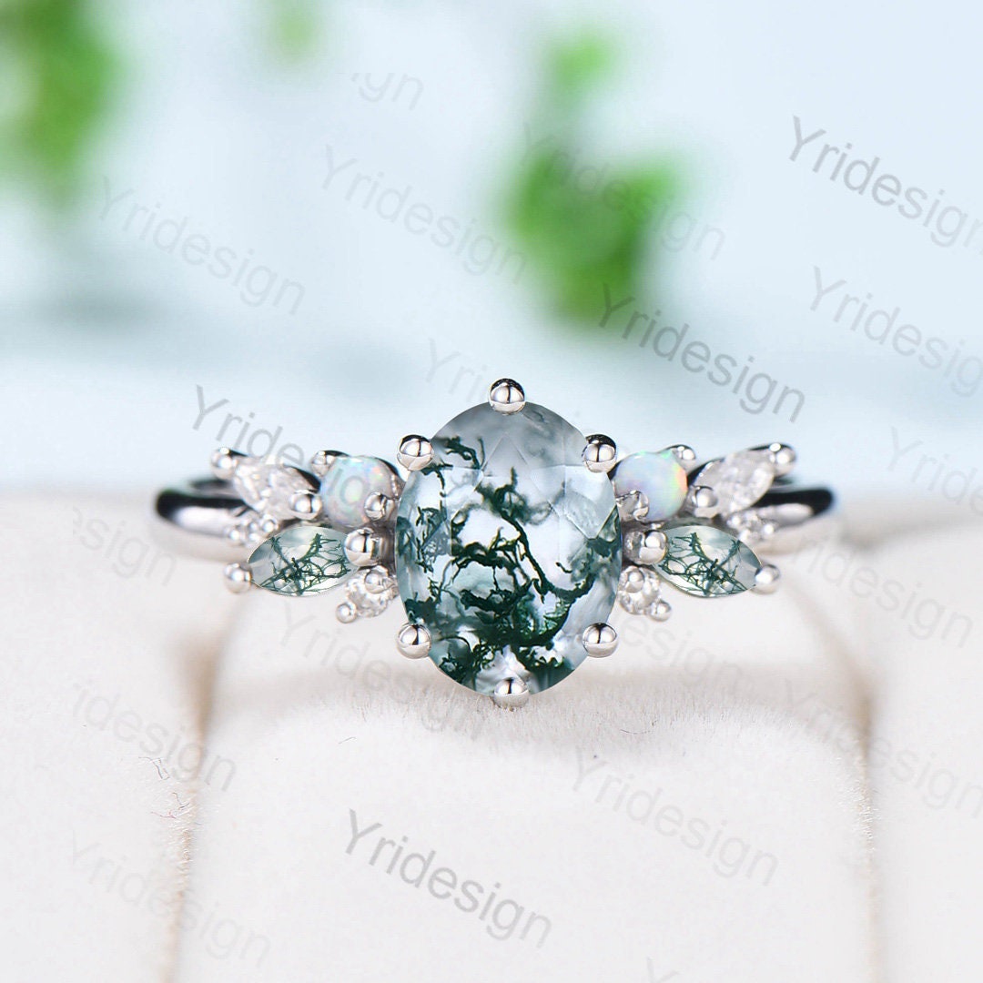 Unique 1.5CT Oval Moss Agate Engagement Ring Marquise Agate Opal Wedding Ring Women  Vintage Nature Inspired Cluster Moissanite Promise Ring - PENFINE