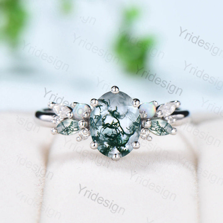 Unique 1.5CT Oval Moss Agate Engagement Ring Marquise Agate Opal Wedding Ring Women  Vintage Nature Inspired Cluster Moissanite Promise Ring - PENFINE