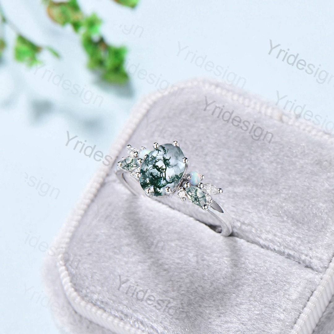 Unique 1.5CT Oval Moss Agate Engagement Ring Marquise Agate Opal Wedding Ring Women  Vintage Nature Inspired Cluster Moissanite Promise Ring - PENFINE