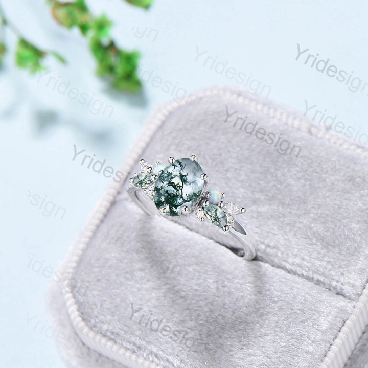 Unique 1.5CT Oval Moss Agate Engagement Ring Marquise Agate Opal Wedding Ring Women  Vintage Nature Inspired Cluster Moissanite Promise Ring - PENFINE