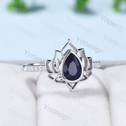 Lotus flower blue sandstone ring bezel set galaxy unique guardian engagement ring teardrop promise ring unique handmade proposal gifts women - PENFINE