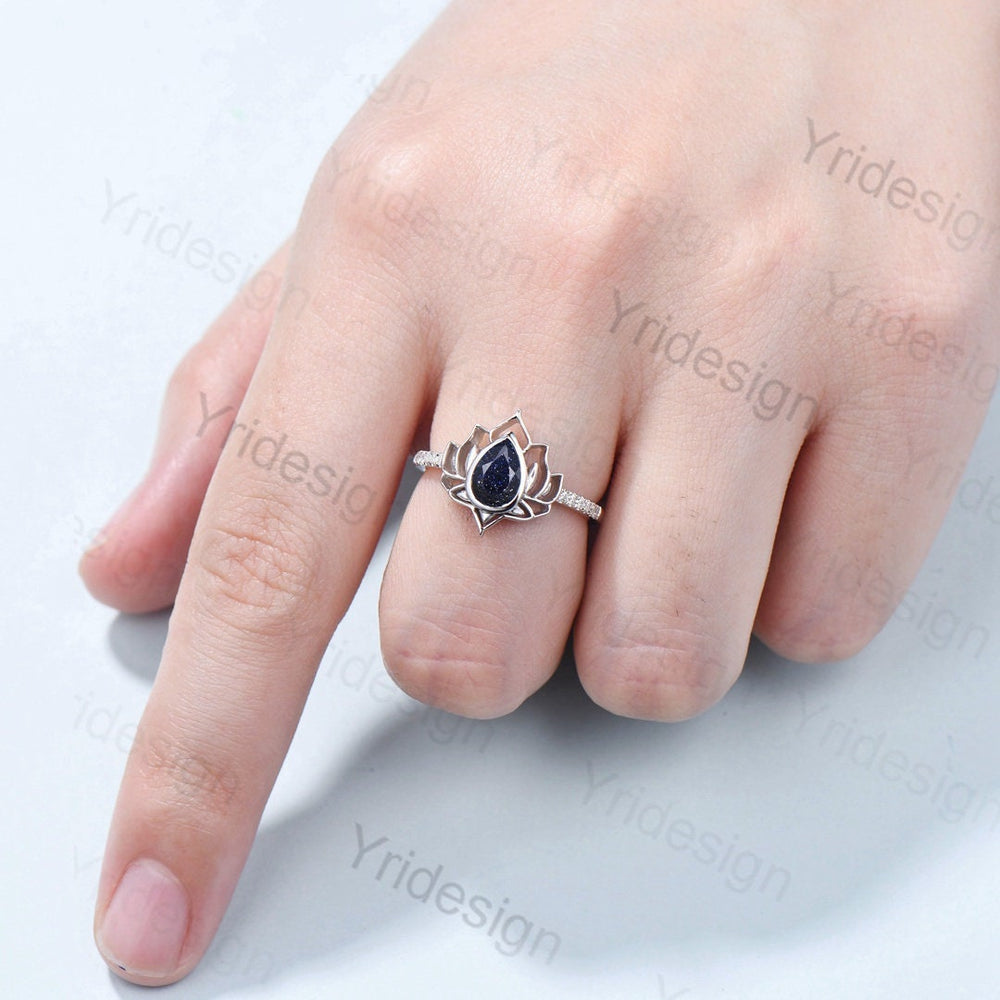 Lotus flower blue sandstone ring bezel set galaxy unique guardian engagement ring teardrop promise ring unique handmade proposal gifts women - PENFINE