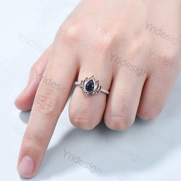 Lotus flower blue sandstone ring bezel set galaxy unique guardian engagement ring teardrop promise ring unique handmade proposal gifts women - PENFINE