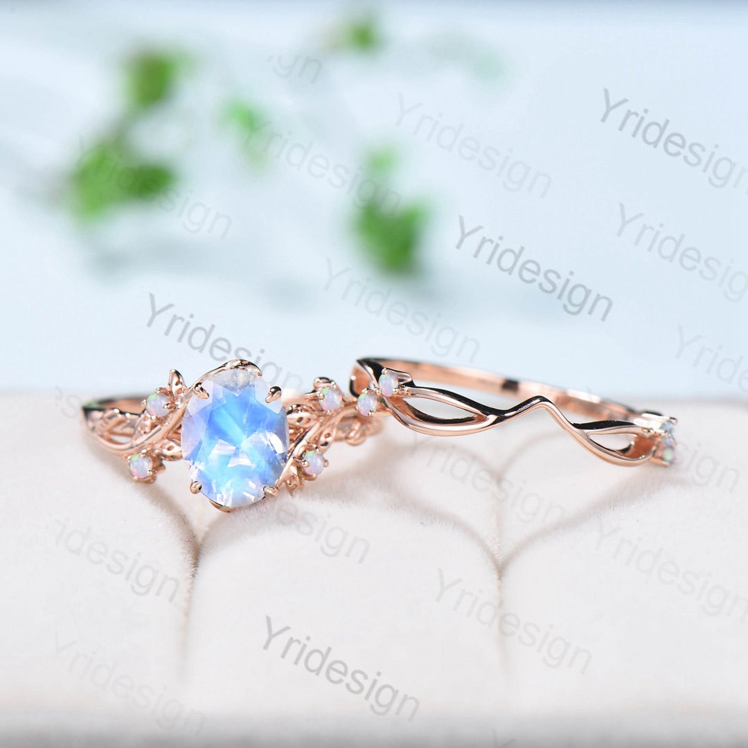 Natural Inspired Leaf moonstone ring set twig opal moonstone engagement ring vintage unique gold wedding ring set for women Branch ring - PENFINE