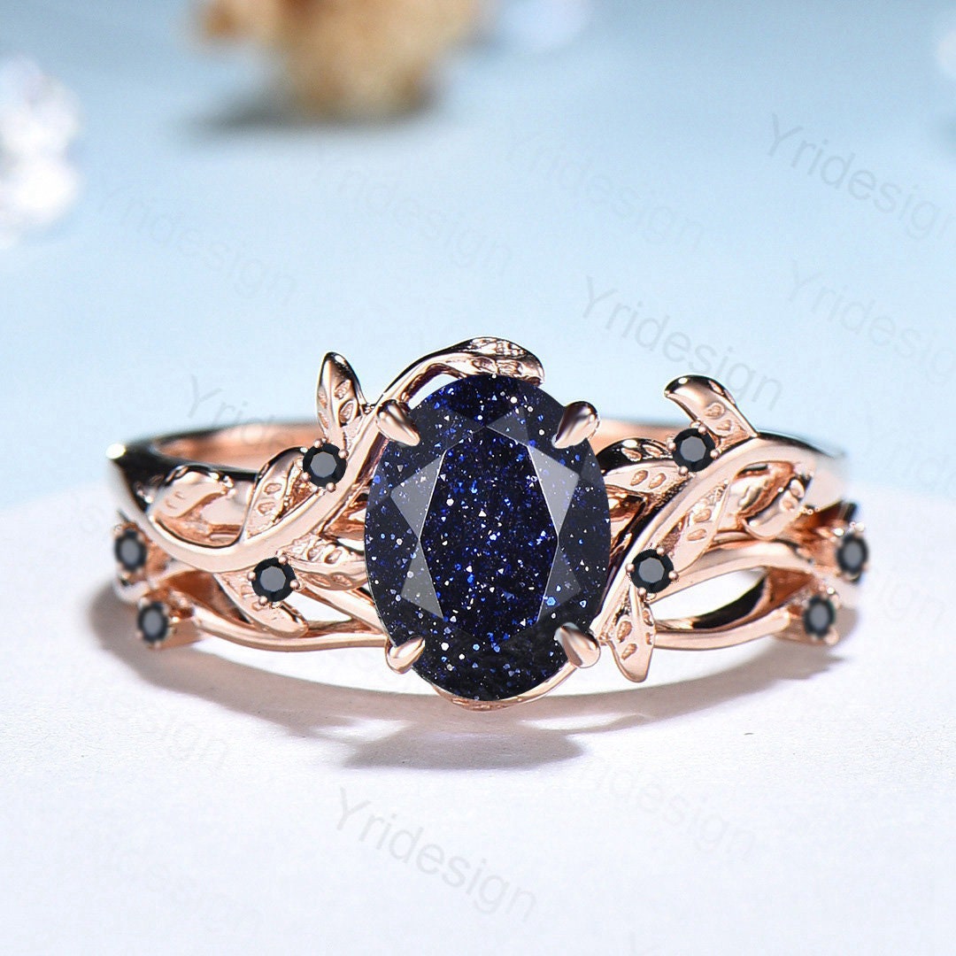 Natural Inspired Leaf Blue Sandstone Ring Set Cluster Spinel Galaxy Engagement Ring Women Unique Leaves Branch Personalized Anniversary Gift - PENFINE